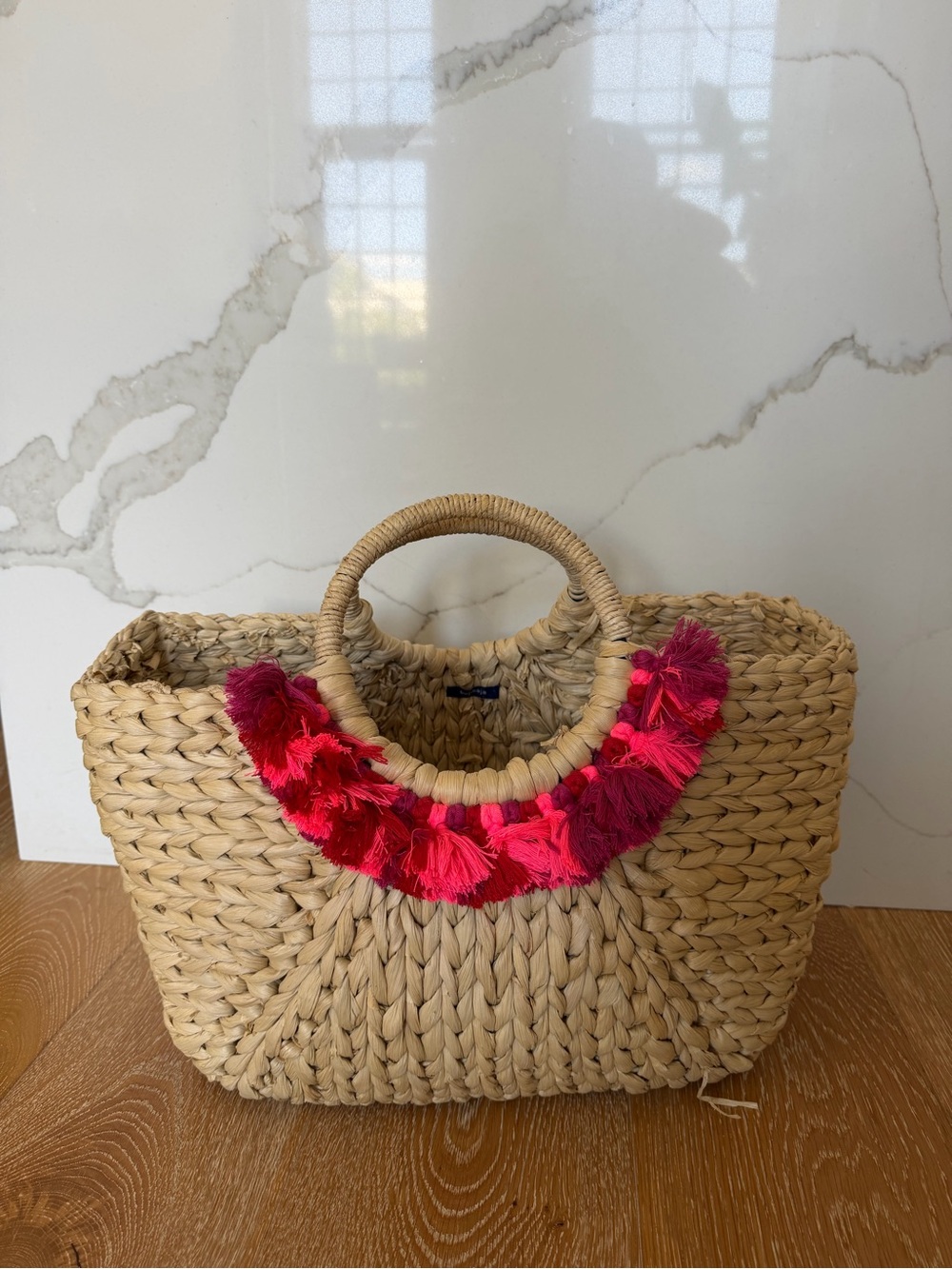 Handwoven Straw Tote Bag with Pink Tassel Trim